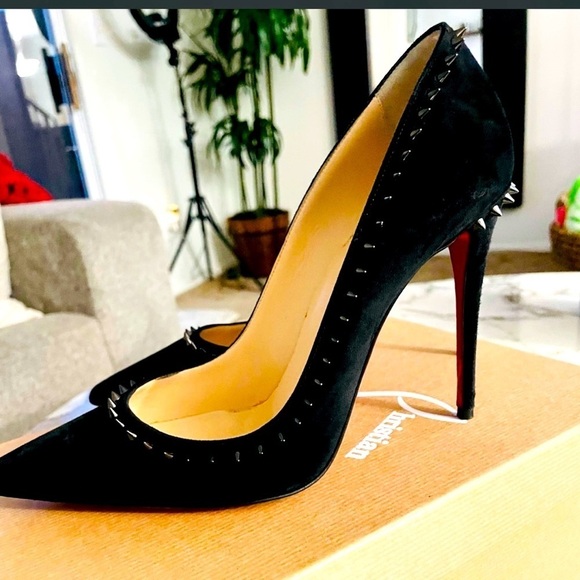 Christian Louboutin “Anjalina” spikes Veau Velour  black suede 85 mm pumps EU37 - Picture 5 of 7
